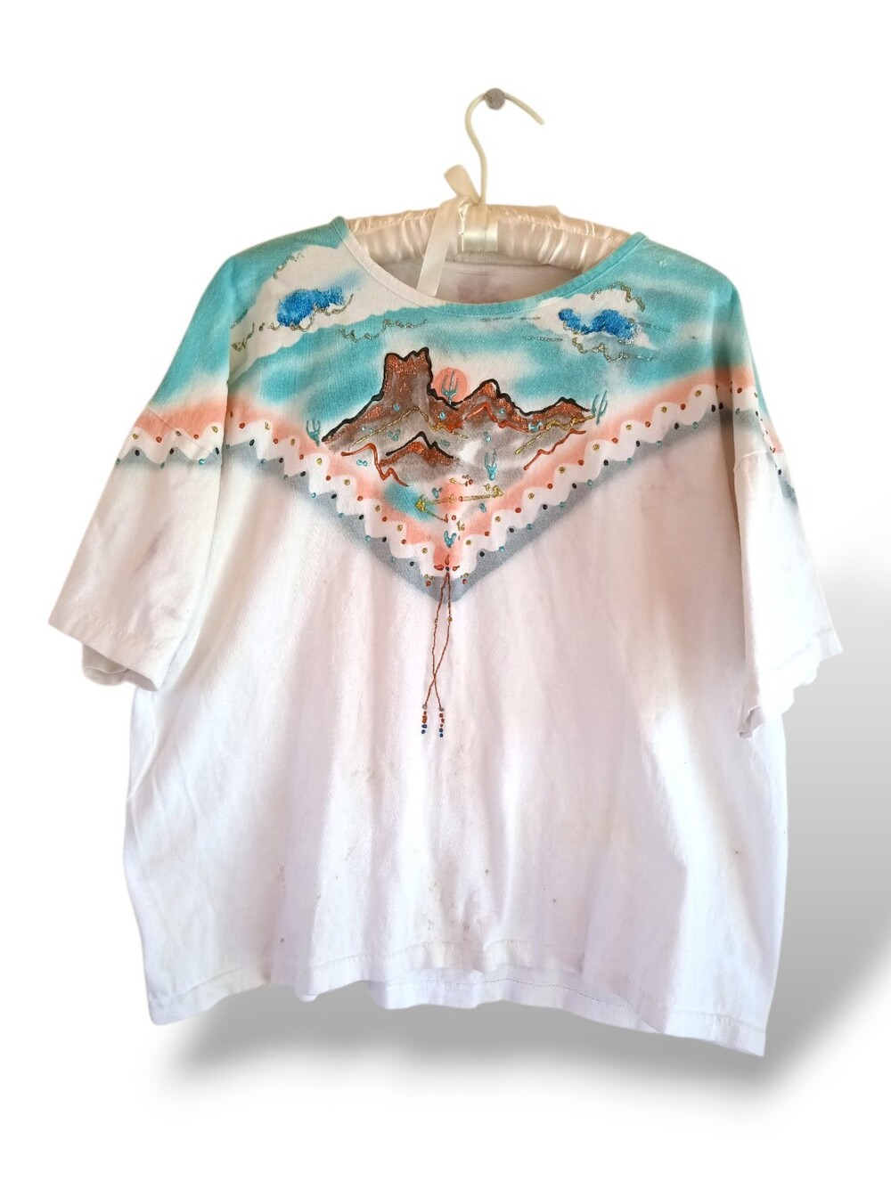 Hand-Painted Southwestern Mountain Tee in Turquoise & Peach Vintage 90s Retro XL
